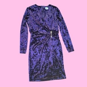 Calvin Klein Velvet Long Sleeve Dress in Deep Purple